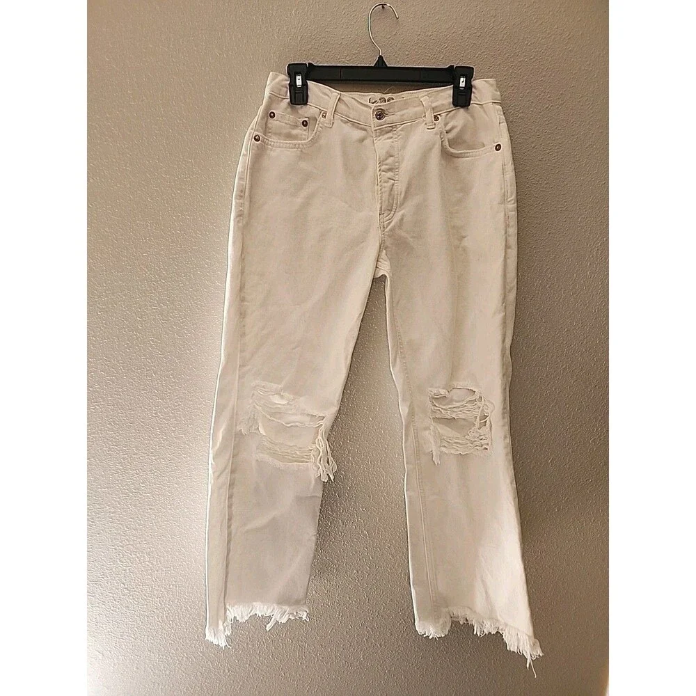 Free People Womens White High Rise Distressed Slim Straight Jeans Size 28